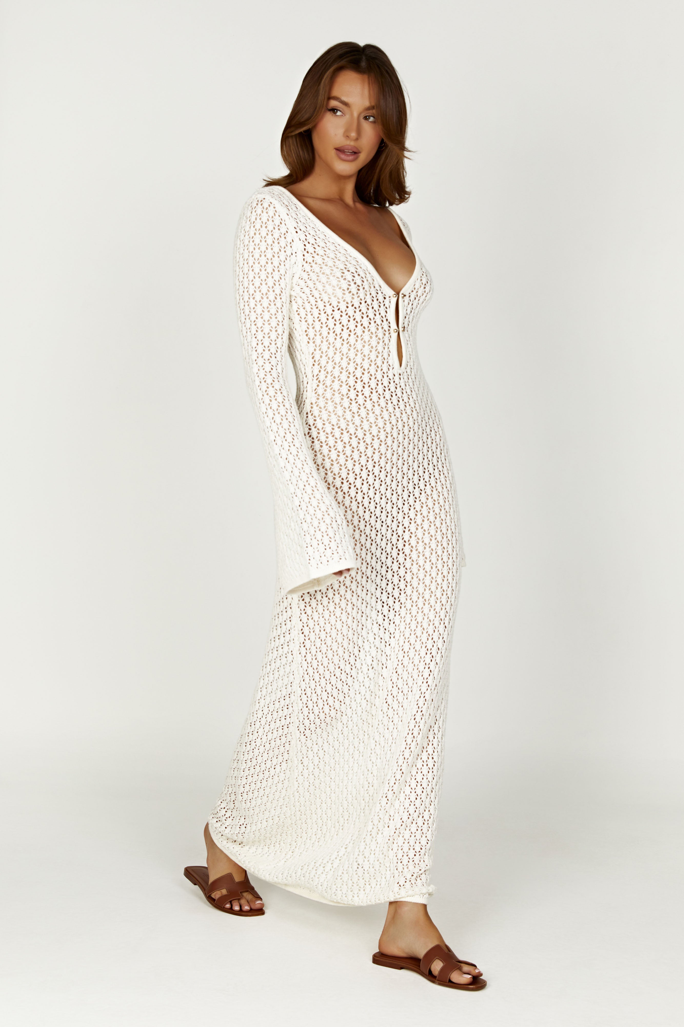 White Crochet Flare Maxi Dress